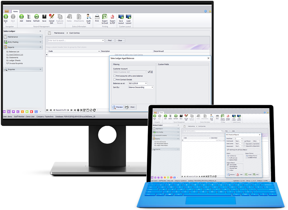 Financials module — Sales Ledger, aged balances, and financial reports all in one connected system.